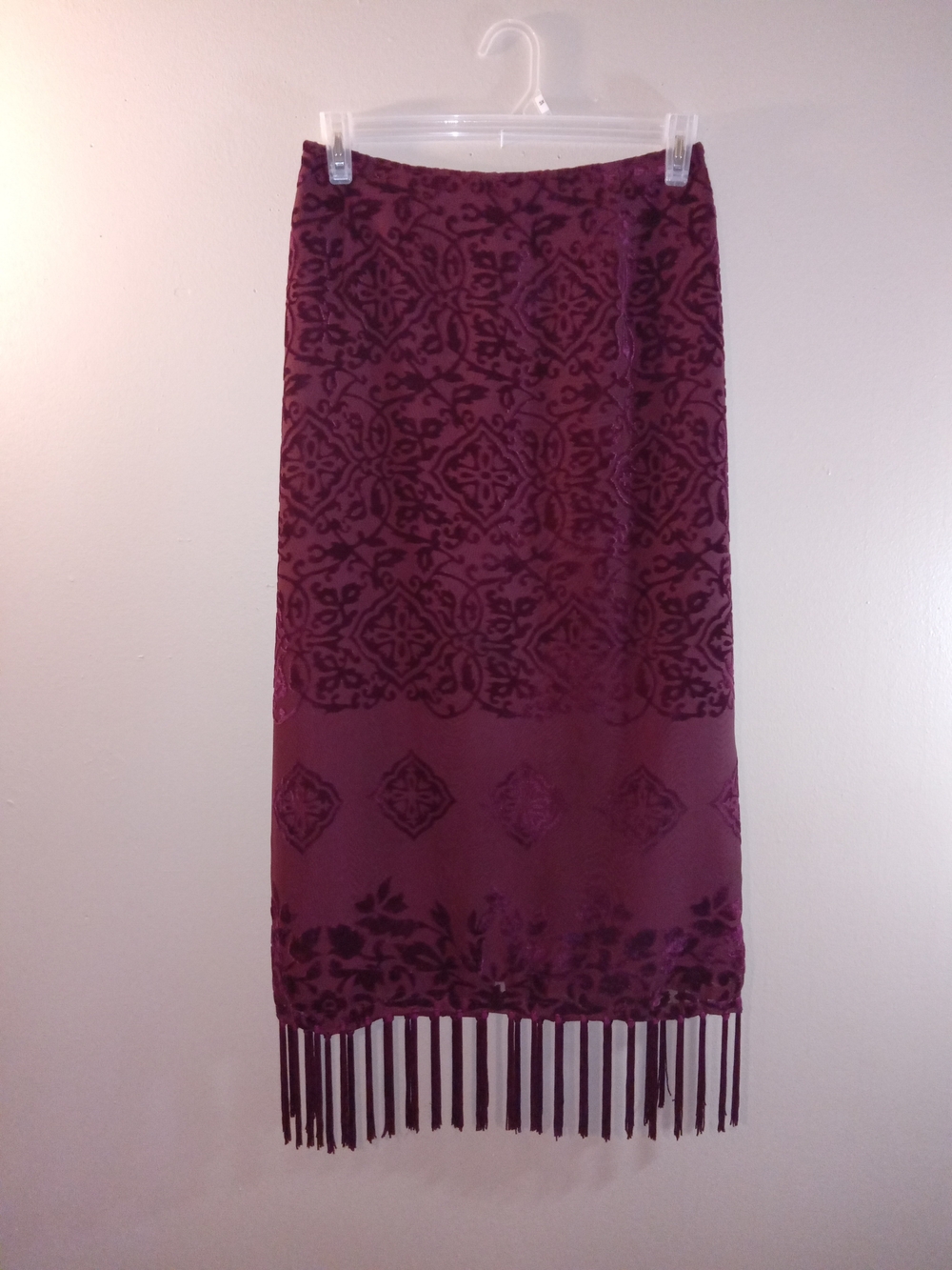 Maxi Velvet Burnout Fringe Hem Skirt - Burgundy